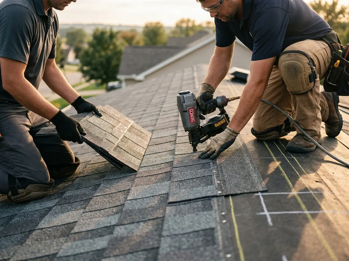 Professional roofer working on a residential roof in Horseheads